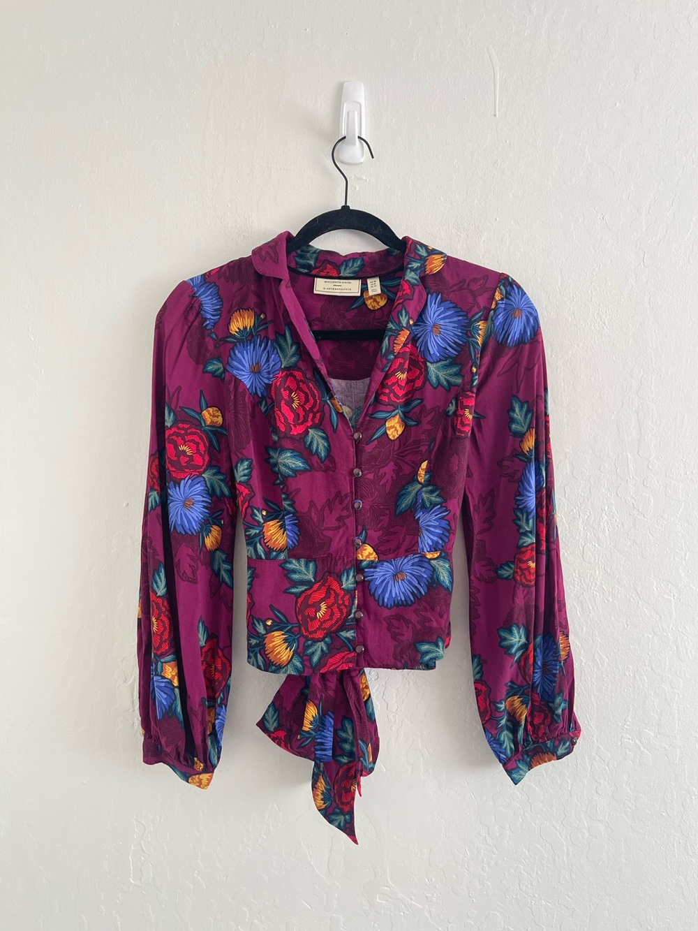 Anthropologie Moulinette Soeurs Floral Tie Front Purple Blouse Womens Size 8